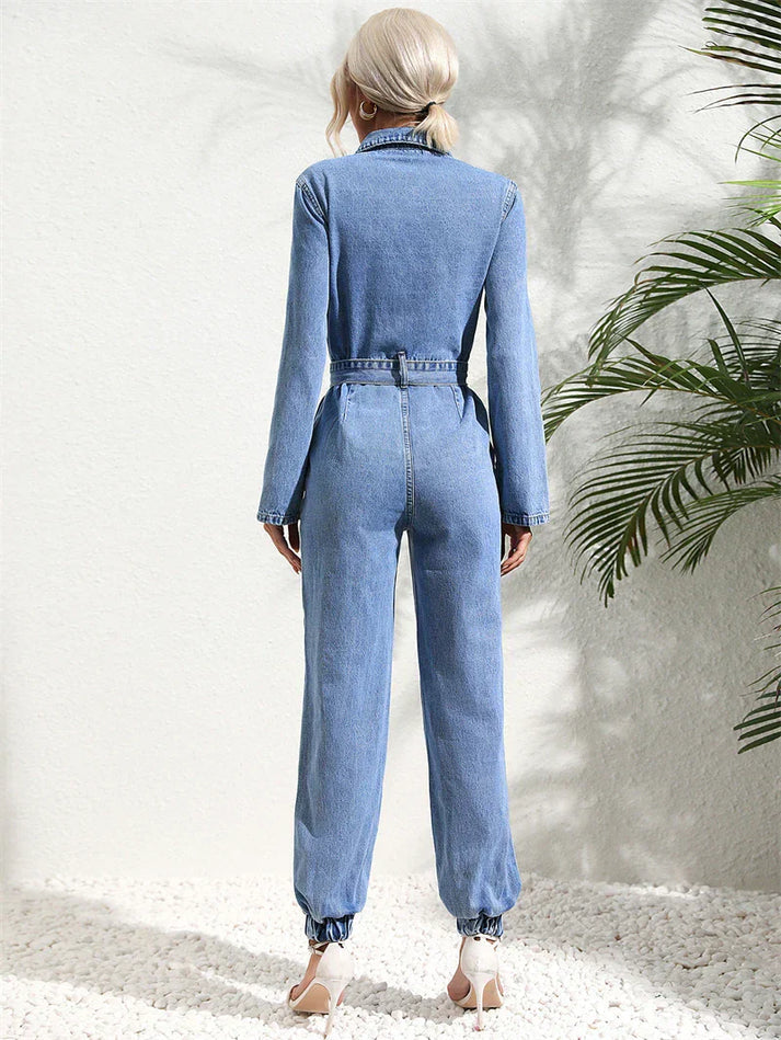 MEELANO Lækkert Denim Jumpsuit Med Bælte Og Lange Ærmer Til Damer