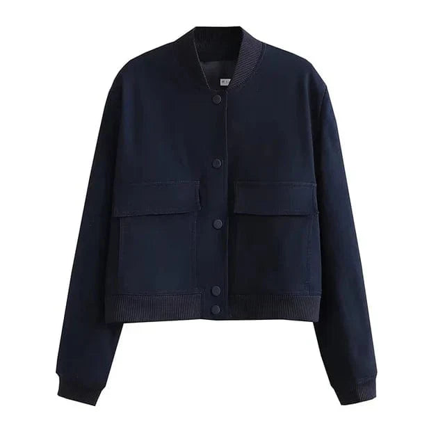 MEELANO Dame Elegant Kort Overgangsjakke - Med knaplukning Blå