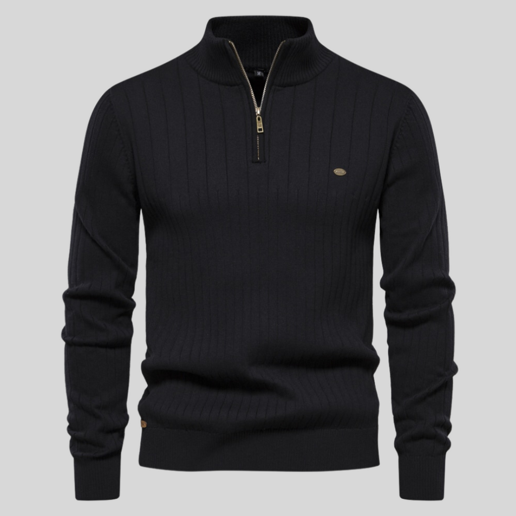 MEELANO Tycho | Herre Half-Zip Ribstrikket Sweater - Varm Striktrøje med Lynlås i Halsen Sort