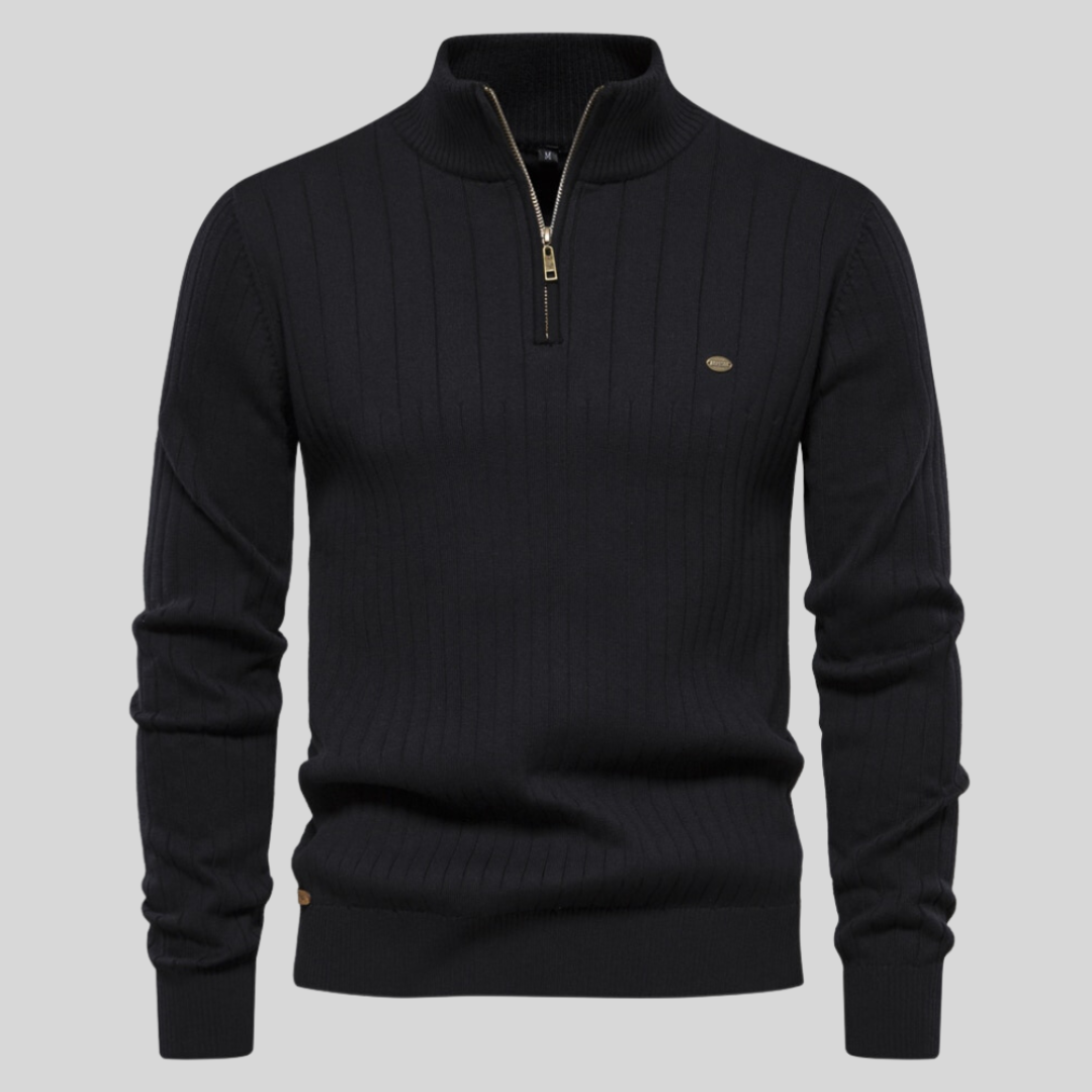 MEELANO Tycho | Herre Half-Zip Ribstrikket Sweater - Varm Striktrøje med Lynlås i Halsen Sort