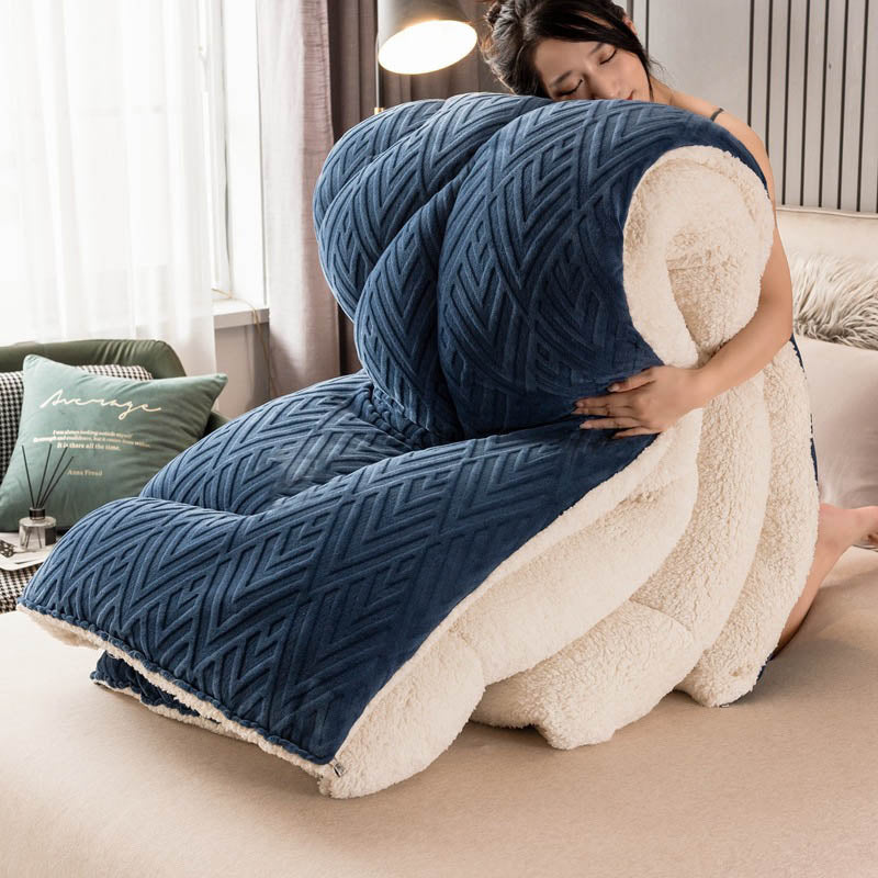 MEELANO Tykt Sherpa Vintertæppe med Quilt Kerne Mørkeblå & Hvid
