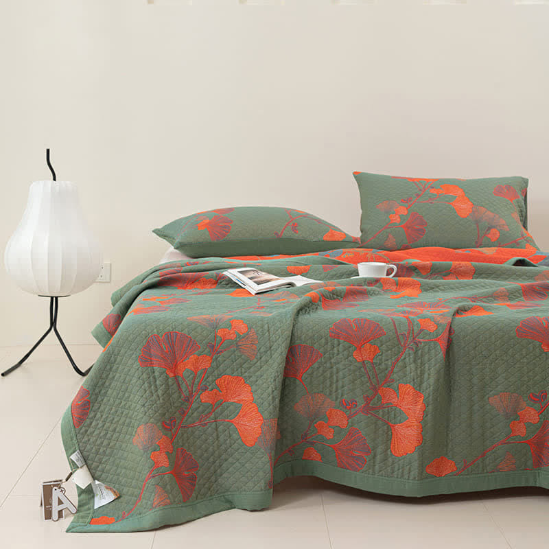 MEELANO Orange Ginkgo Blade Reversible Quilt Grøn & Orange Quilt