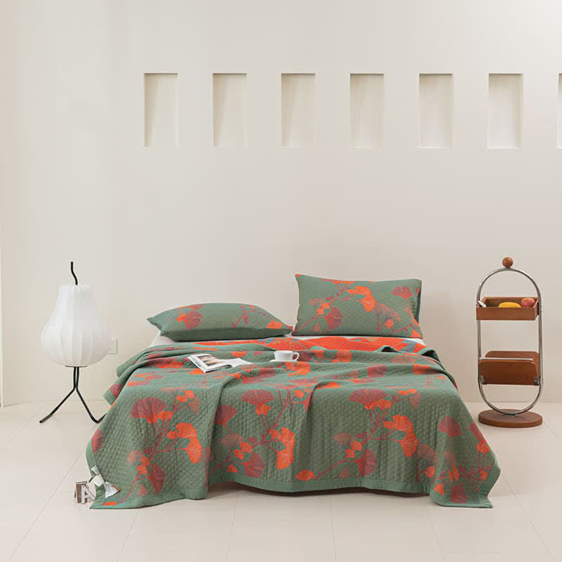 MEELANO Orange Ginkgo Blade Reversible Quilt Grøn & Orange Quilt med 2 stk Pudevårter