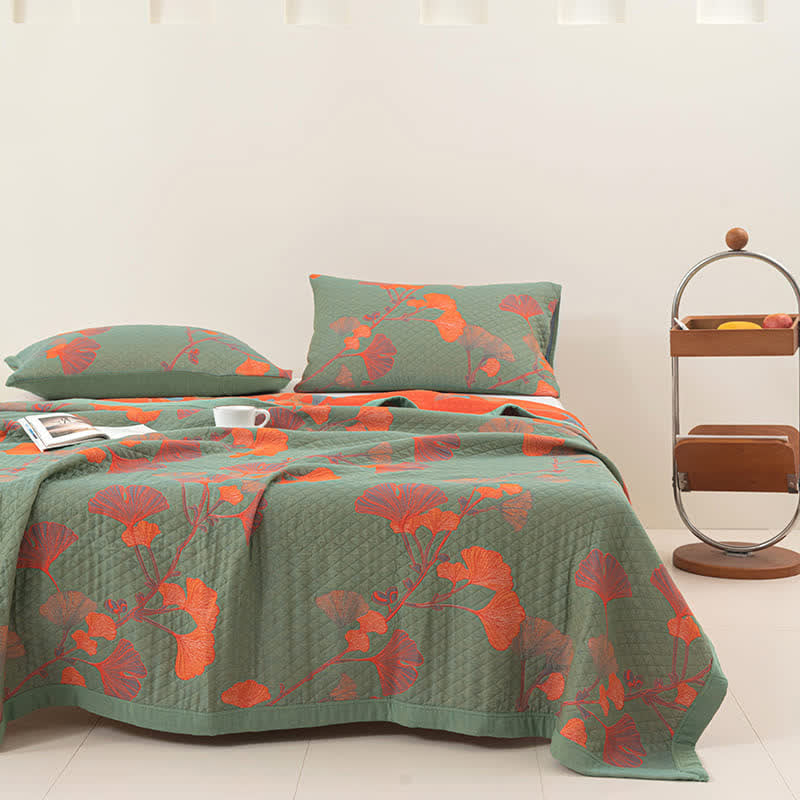 MEELANO Orange Ginkgo Blade Reversible Quilt