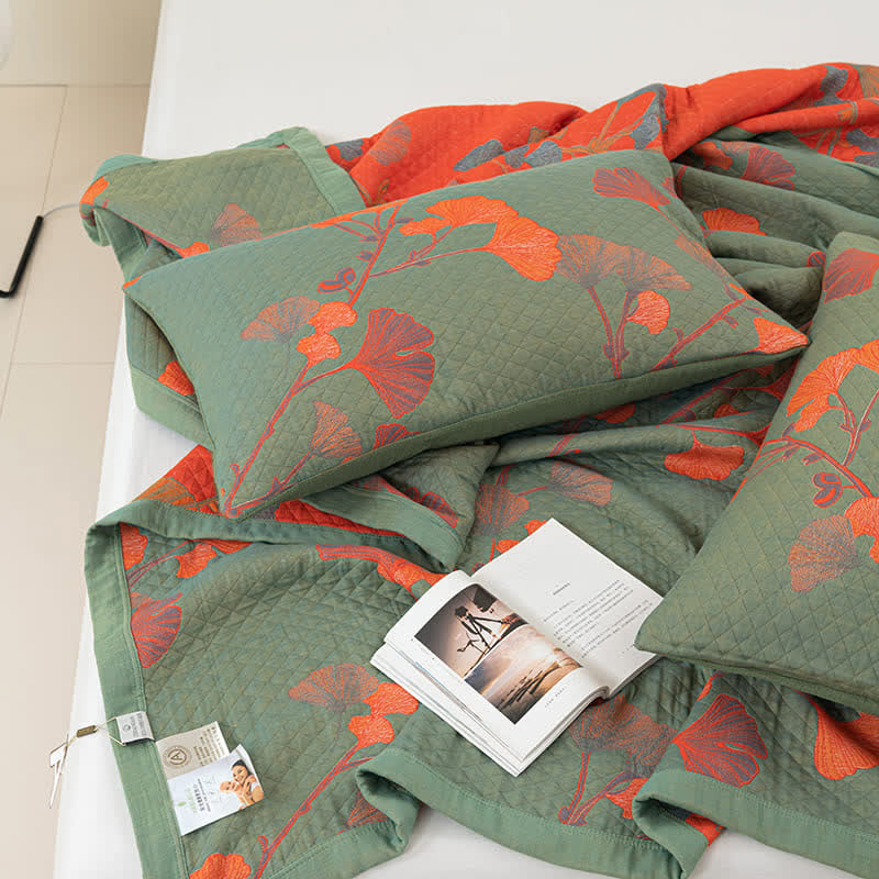MEELANO Orange Ginkgo Blade Reversible Quilt