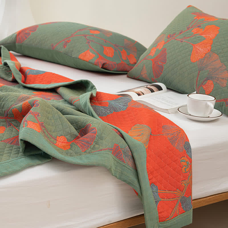 MEELANO Orange Ginkgo Blade Reversible Quilt