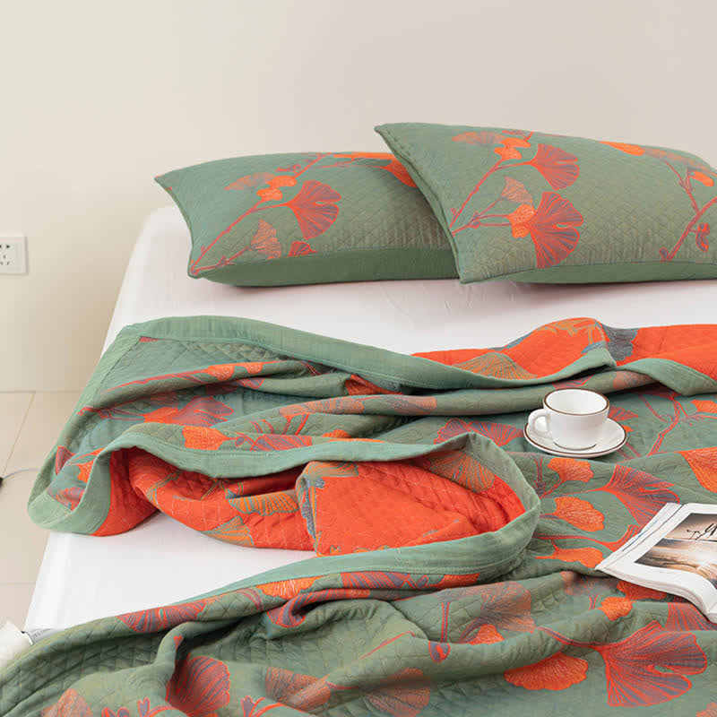MEELANO Orange Ginkgo Blade Reversible Quilt