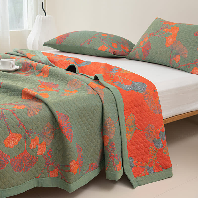 MEELANO Orange Ginkgo Blade Reversible Quilt