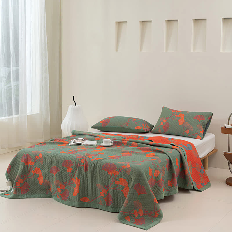 MEELANO Orange Ginkgo Blade Reversible Quilt