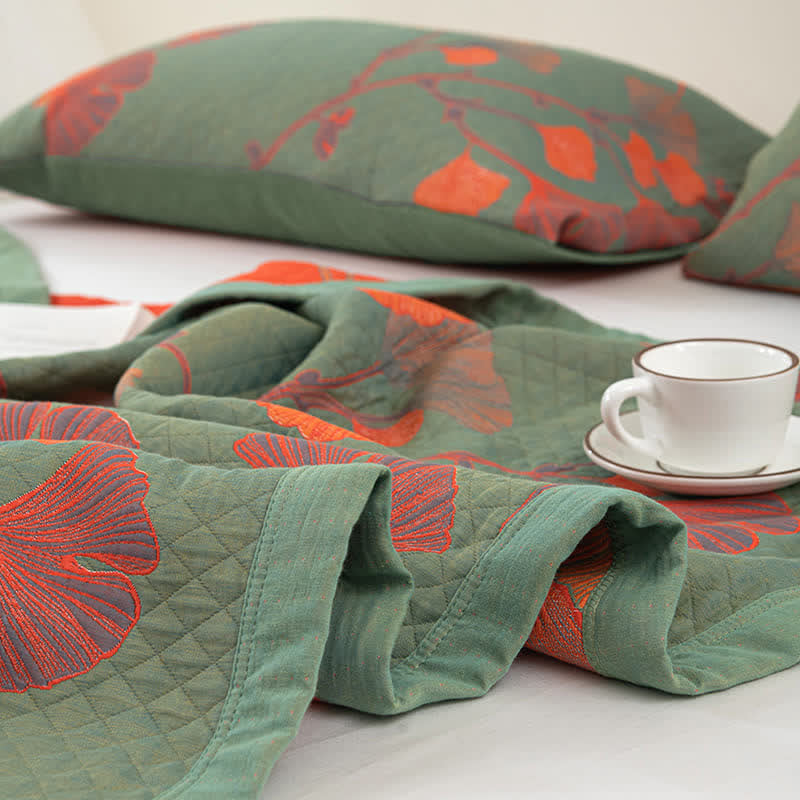 MEELANO Orange Ginkgo Blade Reversible Quilt