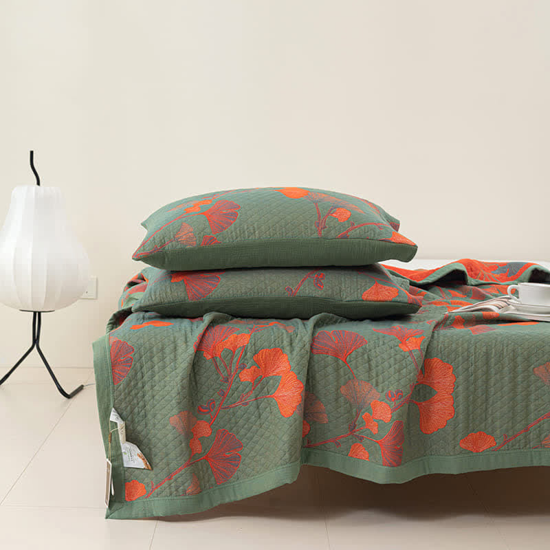 MEELANO Orange Ginkgo Blade Reversible Quilt Grøn & Orange 2PCS Pudevårter 19" x 29"
