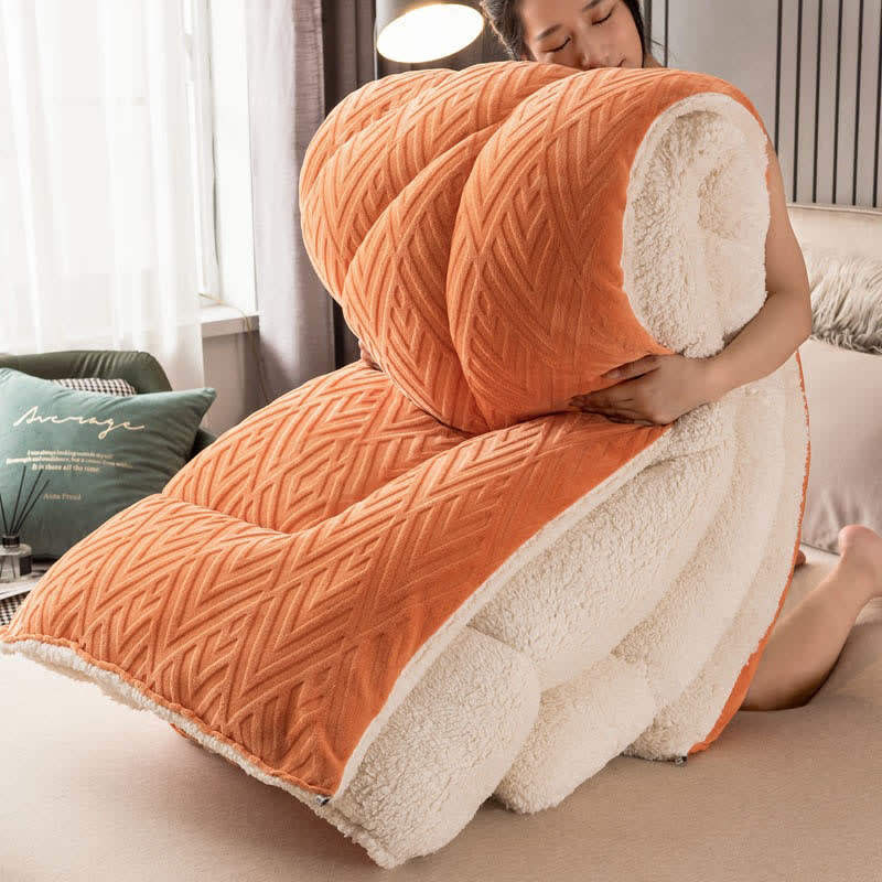 MEELANO Tykt Sherpa Vintertæppe med Quilt Kerne Orange & Hvid