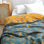 MEELANO Vendbart bomuldsdyne med ginkgobladmønster Blågrå & Orange Quilt