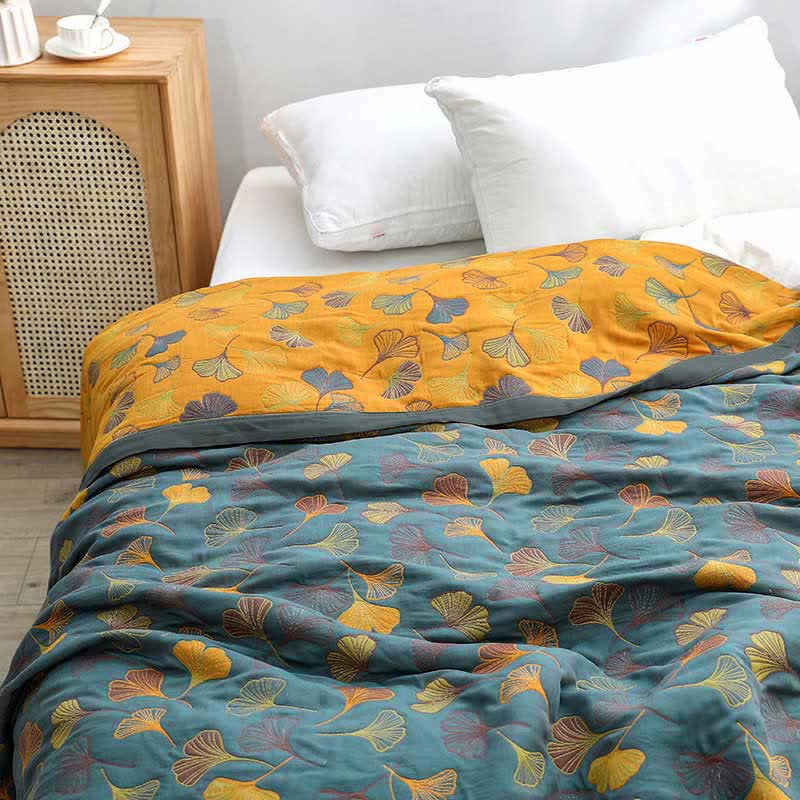 MEELANO Vendbart bomuldsdyne med ginkgobladmønster Blågrå & Orange Quilt