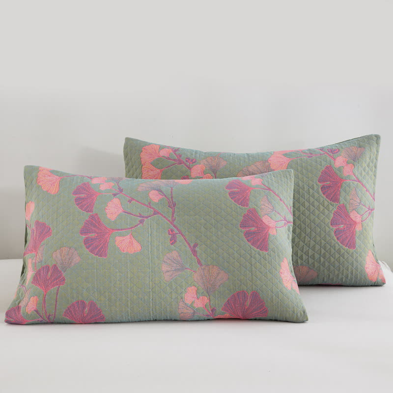 MEELANO Orange Ginkgo Blade Reversible Quilt Grøn & Pink 2PCS Pudevårter 19" x 29"