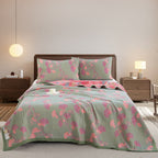 MEELANO Orange Ginkgo Blade Reversible Quilt Grøn & Pink Quilt med 2 stk Pudevårter