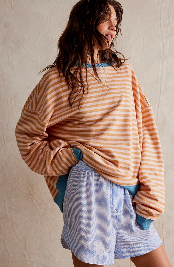 MEELANO Mechi | Dame Stribet Oversized Striktrøje - Langærmet Pullover med Rund Hals Orange