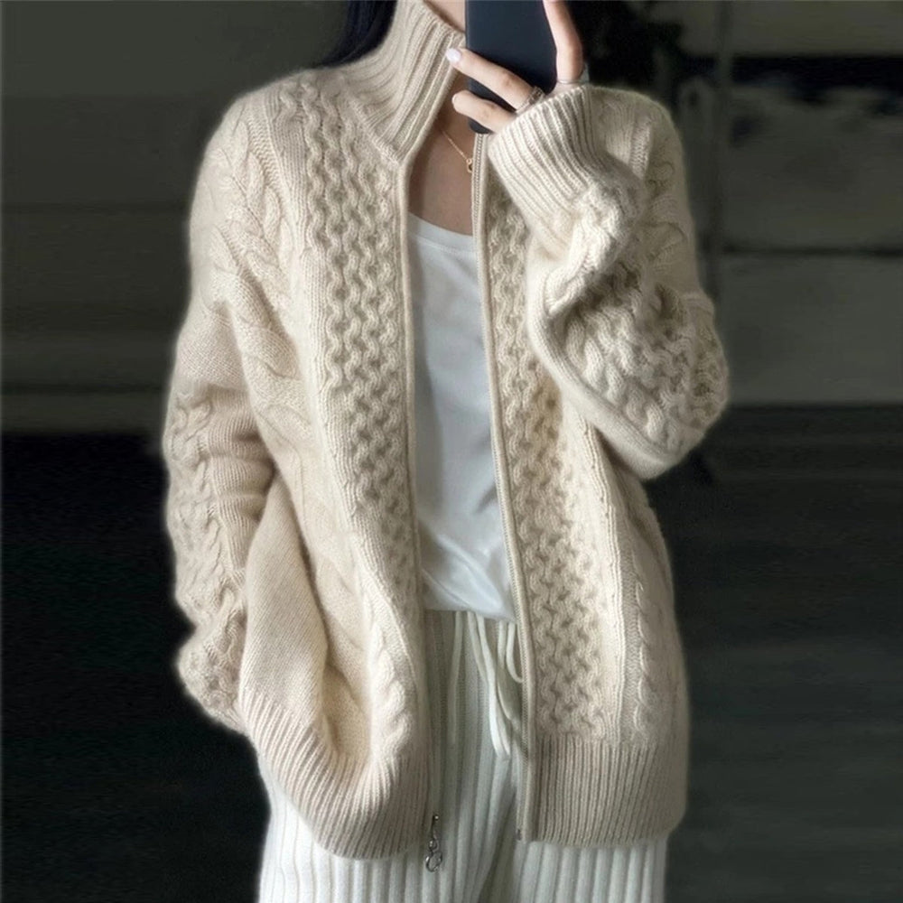 MEELANO Dame Strikcardigan Med Lynlås - Høj Krave Og Stilfuld Strik Beige