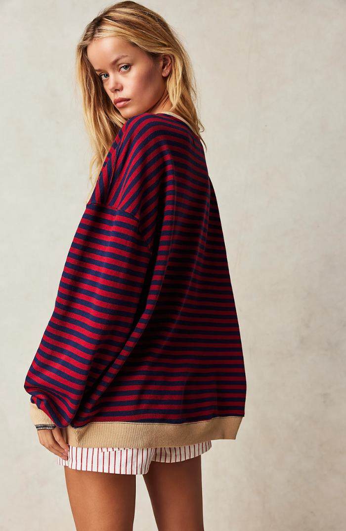 MEELANO Mechi | Dame Stribet Oversized Striktrøje - Langærmet Pullover med Rund Hals