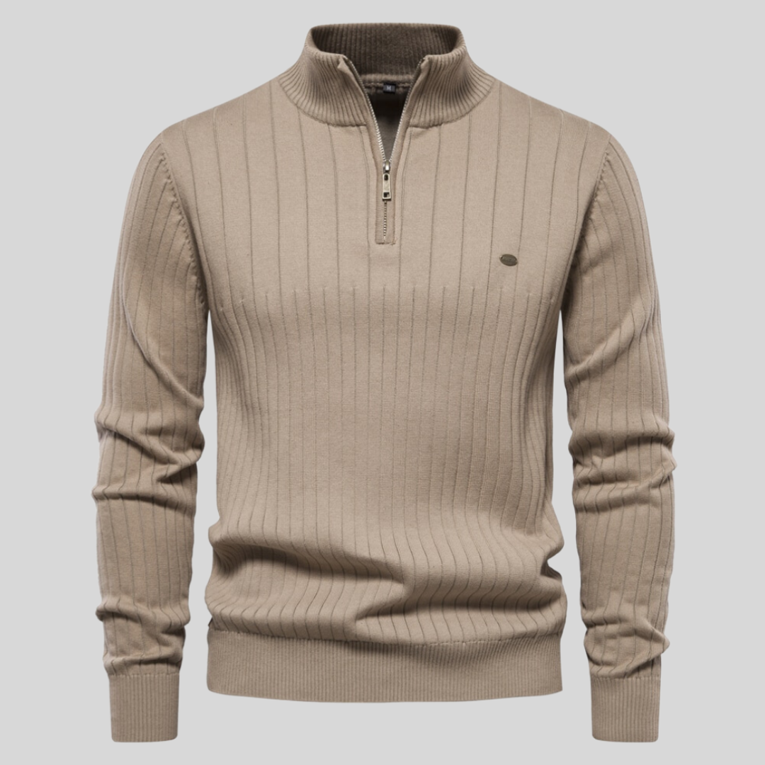 MEELANO Tycho | Herre Half-Zip Ribstrikket Sweater - Varm Striktrøje med Lynlås i Halsen Khaki