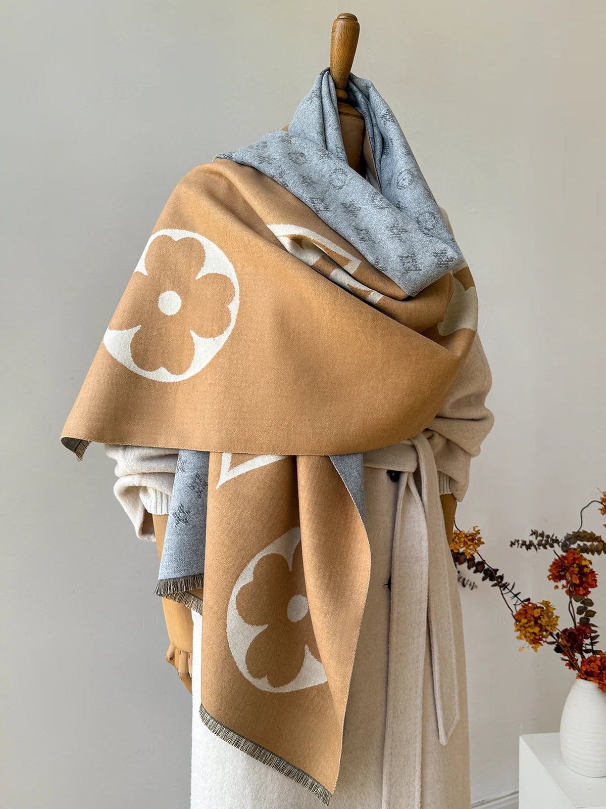 MEELANO Vintertørklæde med Jacquardmønster – Blødt Stort Tørklæde & Sjal, 175 cm, Unisex, 3 Farver | Hommes Camel