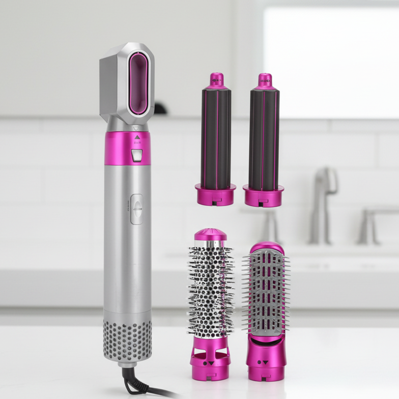 MEELANO 5-i-1 Air Styler – Hårtørrer med Børster & Krøllejern, Automatiske Krøllestave, Glatte- & Volumenbørste, Varmesensor Farveforløb