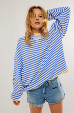 MEELANO Mechi | Dame Stribet Oversized Striktrøje - Langærmet Pullover med Rund Hals Blå