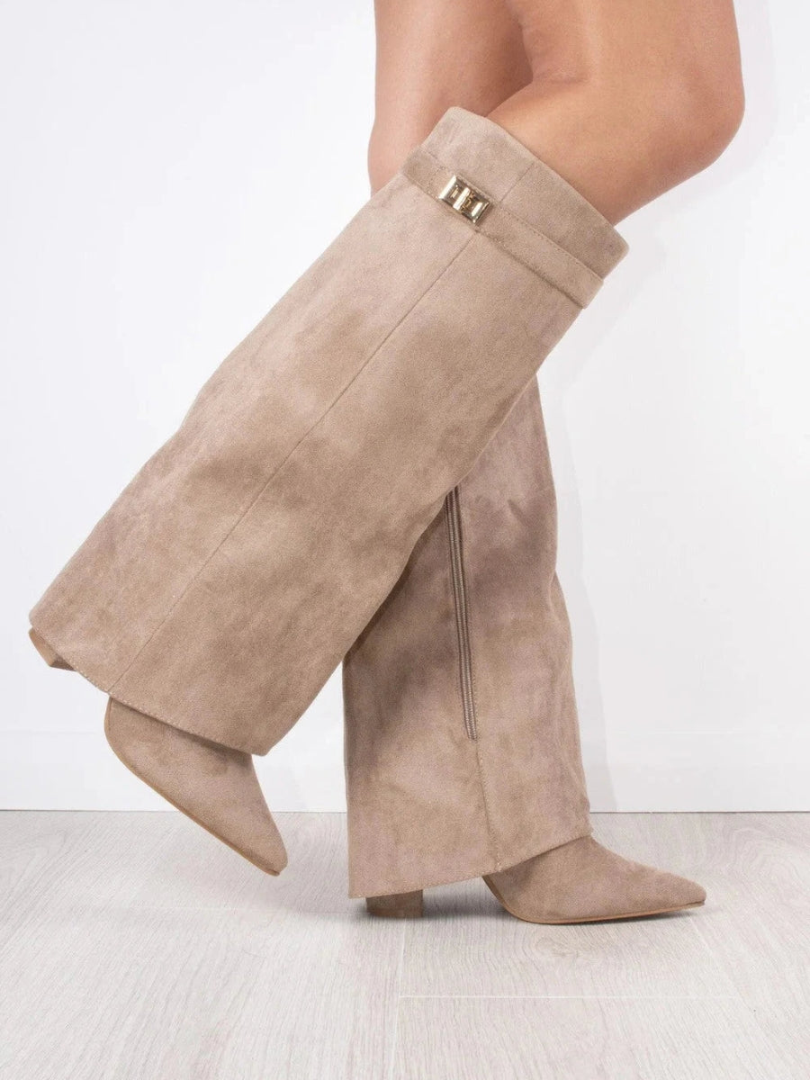 MEELANO Pamelo | Dame Elegante Ruskindstøvler med Guld Detaljer - Suede Ankelstøvler med Hæl & Lynlås Beige Ruskind