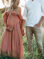 MEELANO Boho Chic Graviditetskjole med Bådhals – Off-Shoulder Gravid Kjole, Midi, Pink, S–2XL – Flōre