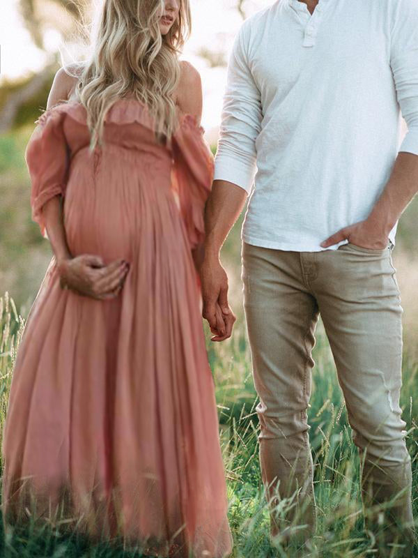 MEELANO Boho Chic Graviditetskjole med Bådhals – Off-Shoulder Gravid Kjole, Midi, Pink, S–2XL – Flōre