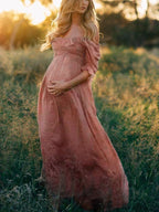MEELANO Boho Chic Graviditetskjole med Bådhals – Off-Shoulder Gravid Kjole, Midi, Pink, S–2XL – Flōre