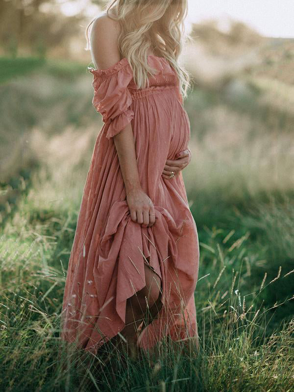 MEELANO Boho Chic Graviditetskjole med Bådhals – Off-Shoulder Gravid Kjole, Midi, Pink, S–2XL – Flōre