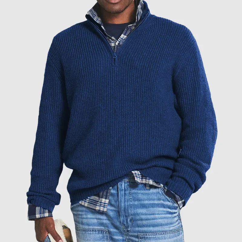 MEELANO Kenneth | Herre Quarter-Zip Ribstrikket Sweater - Varm Striktrøje med Lynlås i Halsen Mørkeblå
