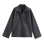 MEELANO Efterår Jeans Sæt Kvinder Turn Down Krave Høj Talje Denim Todelt Sæt kun øverst