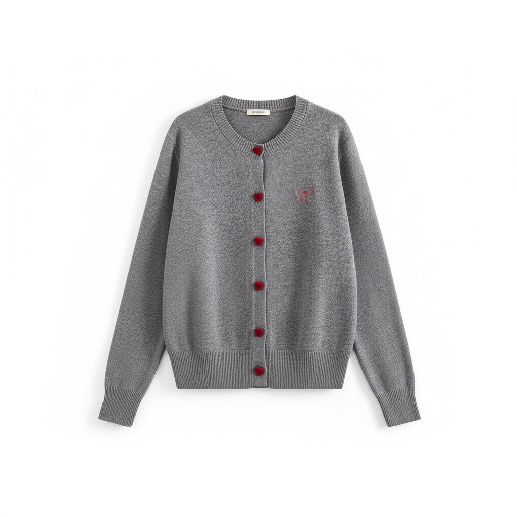 MEELANO Dame Strikket Cardigan Sløjfebroderi O Hals Hjerteformet Knap Sweater