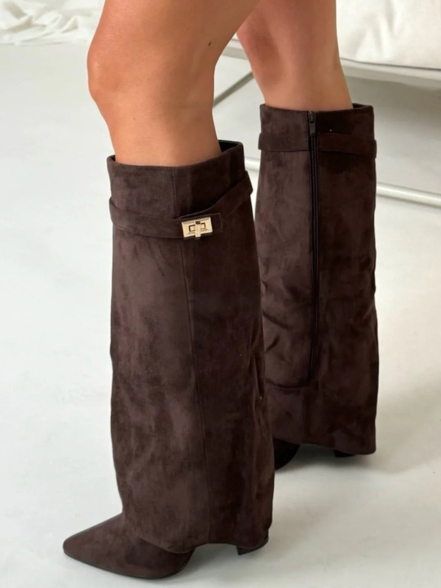 MEELANO Pamelo | Dame Elegante Ruskindstøvler med Guld Detaljer - Suede Ankelstøvler med Hæl & Lynlås