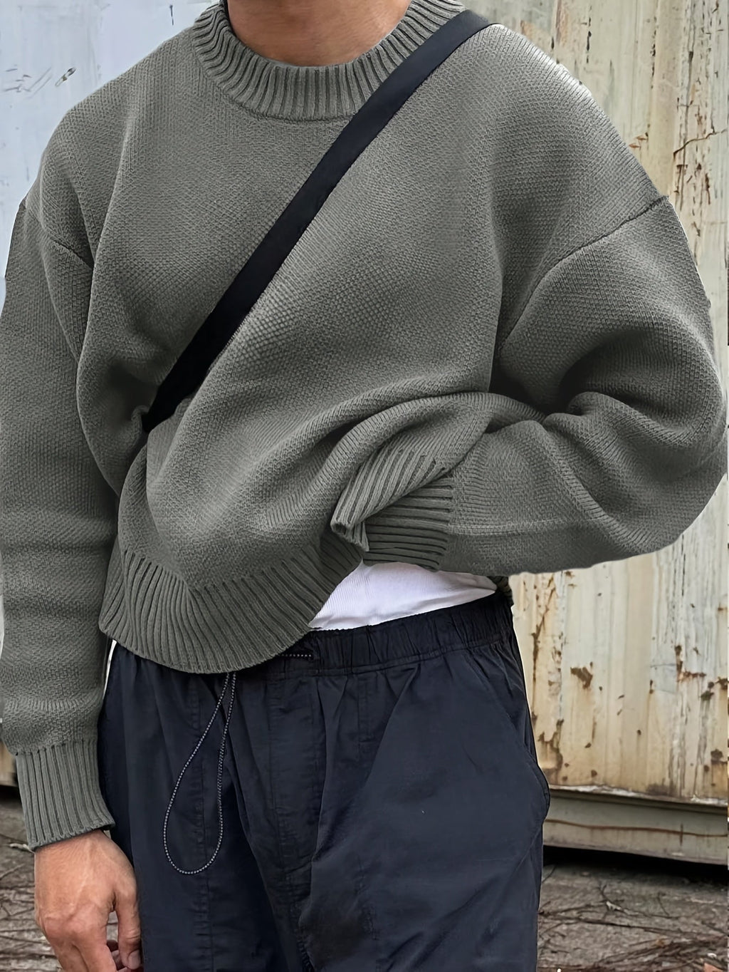 MEELANO Herre Langærmet Sweater med Rund Hals og Ribstrik – Boxy Striktrøje med Drop-skulder, 5 Farver, XS–XL – Mane Grå