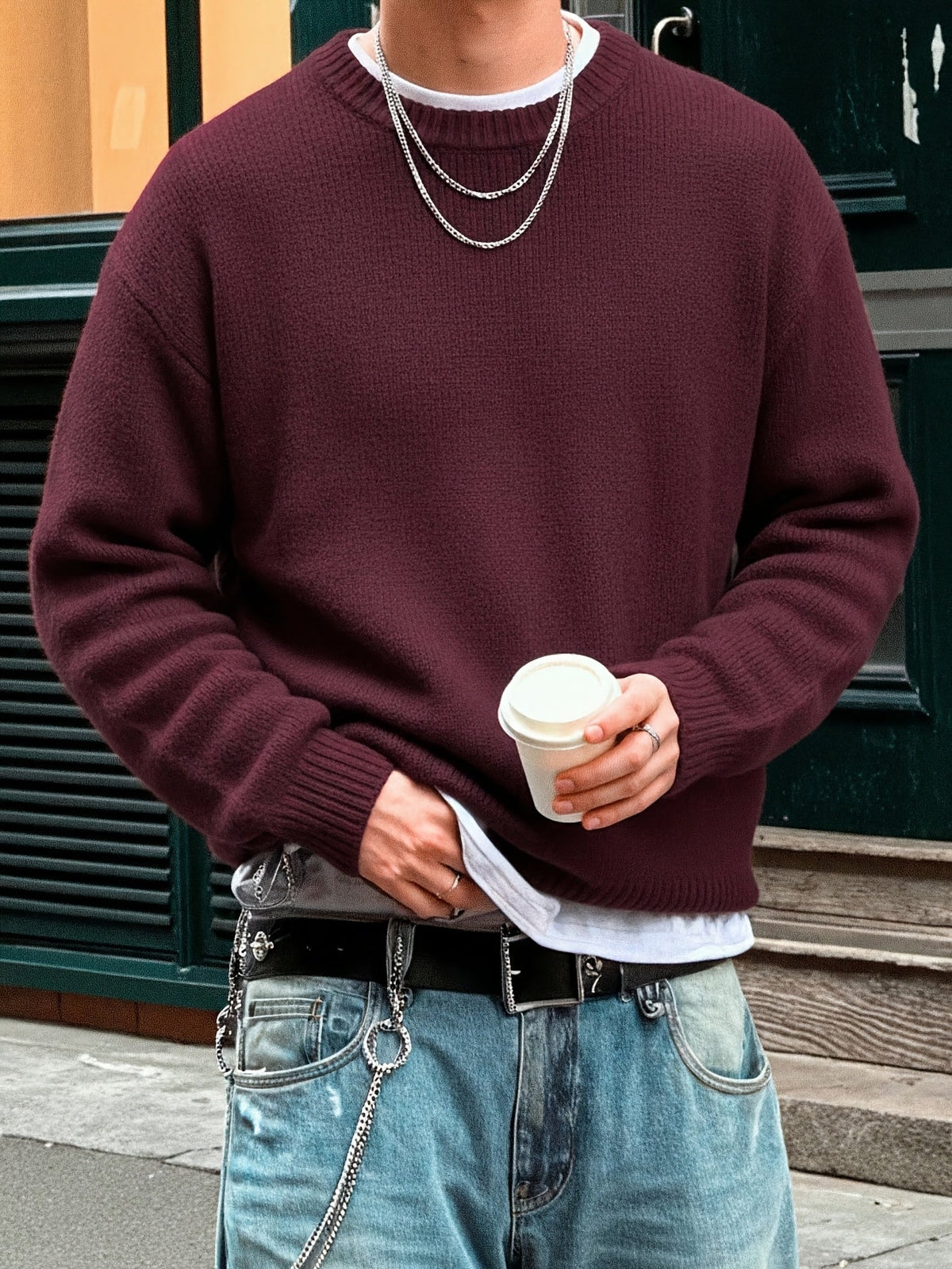 MEELANO Herre Langærmet Sweater med Rund Hals og Ribstrik – Boxy Striktrøje med Drop-skulder, 5 Farver, XS–XL – Mane Bordeaux