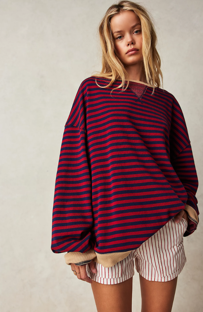 MEELANO Mechi | Dame Stribet Oversized Striktrøje - Langærmet Pullover med Rund Hals Mørkeblå & Rød