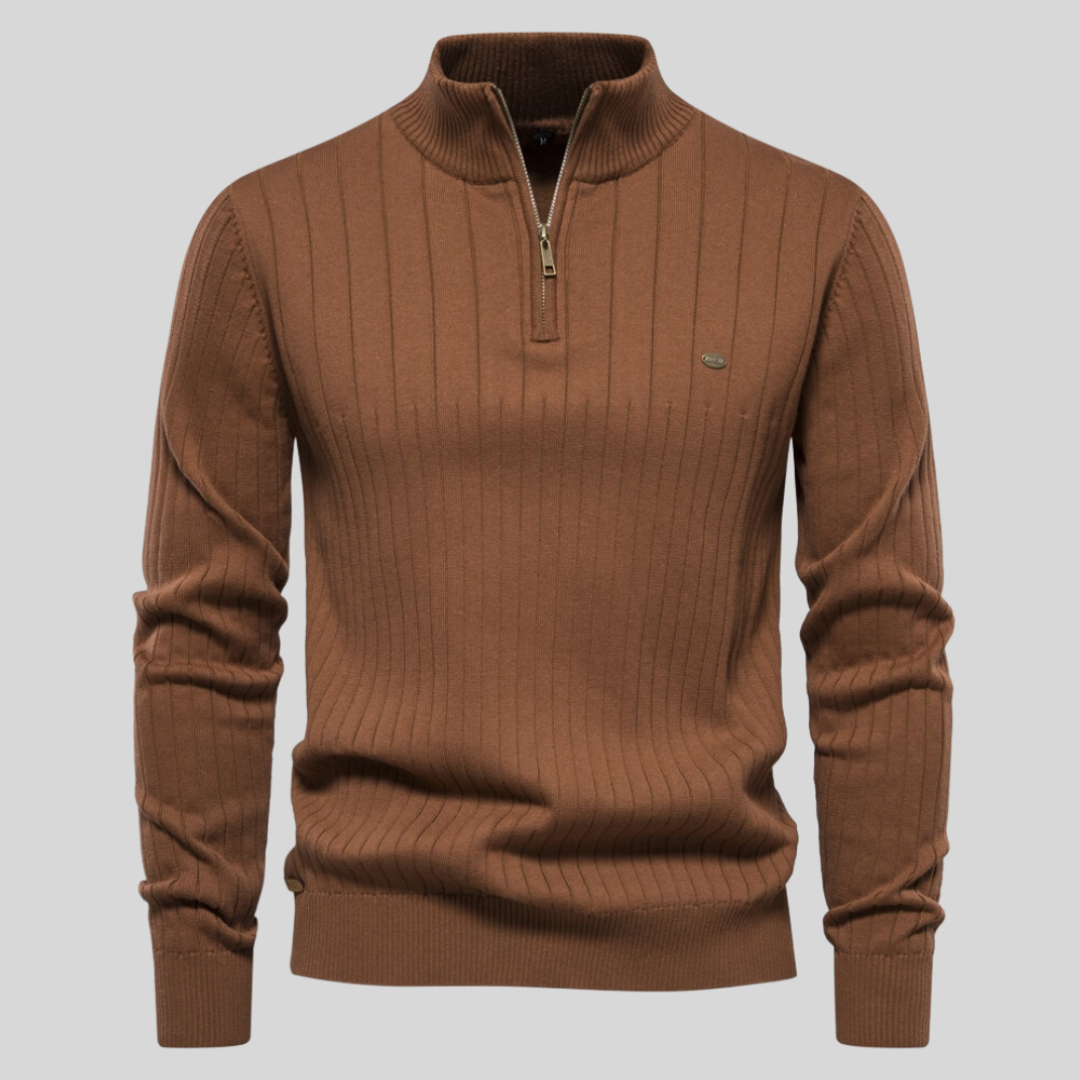 MEELANO Tycho | Herre Half-Zip Ribstrikket Sweater - Varm Striktrøje med Lynlås i Halsen Brun