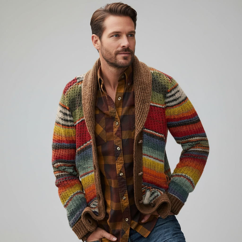 Tobias | Herre Stribet Cardigan med Sjalkrave - Klassisk Strikjakke med Knapper & Uldblanding