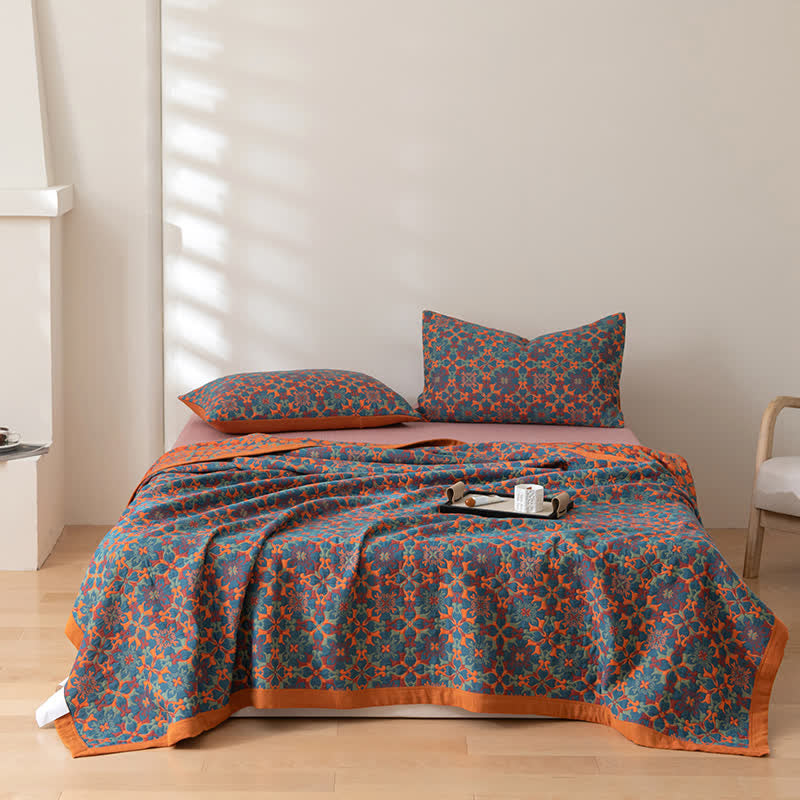 MEELANO Orange & Blå Mønster Seks Lag Bomulds Quilt Quilt med 2PCS Pudebetræk