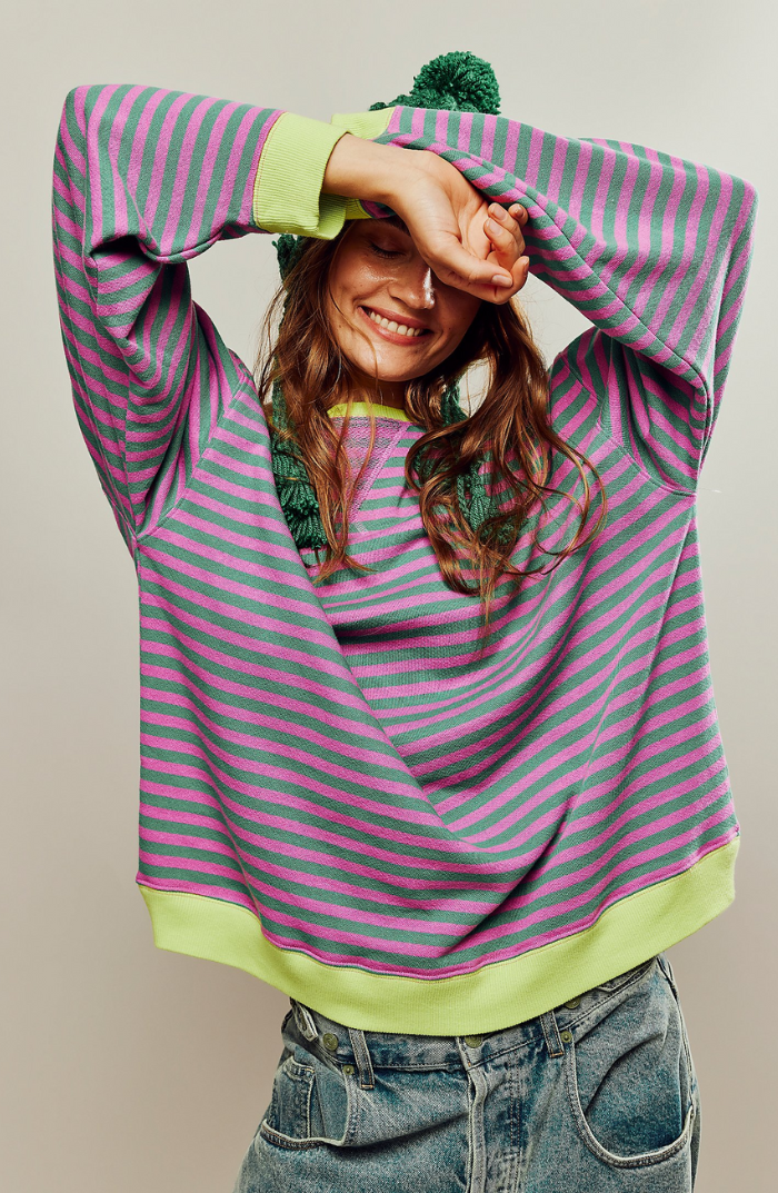 MEELANO Mechi | Dame Stribet Oversized Striktrøje - Langærmet Pullover med Rund Hals Grøn & Pink