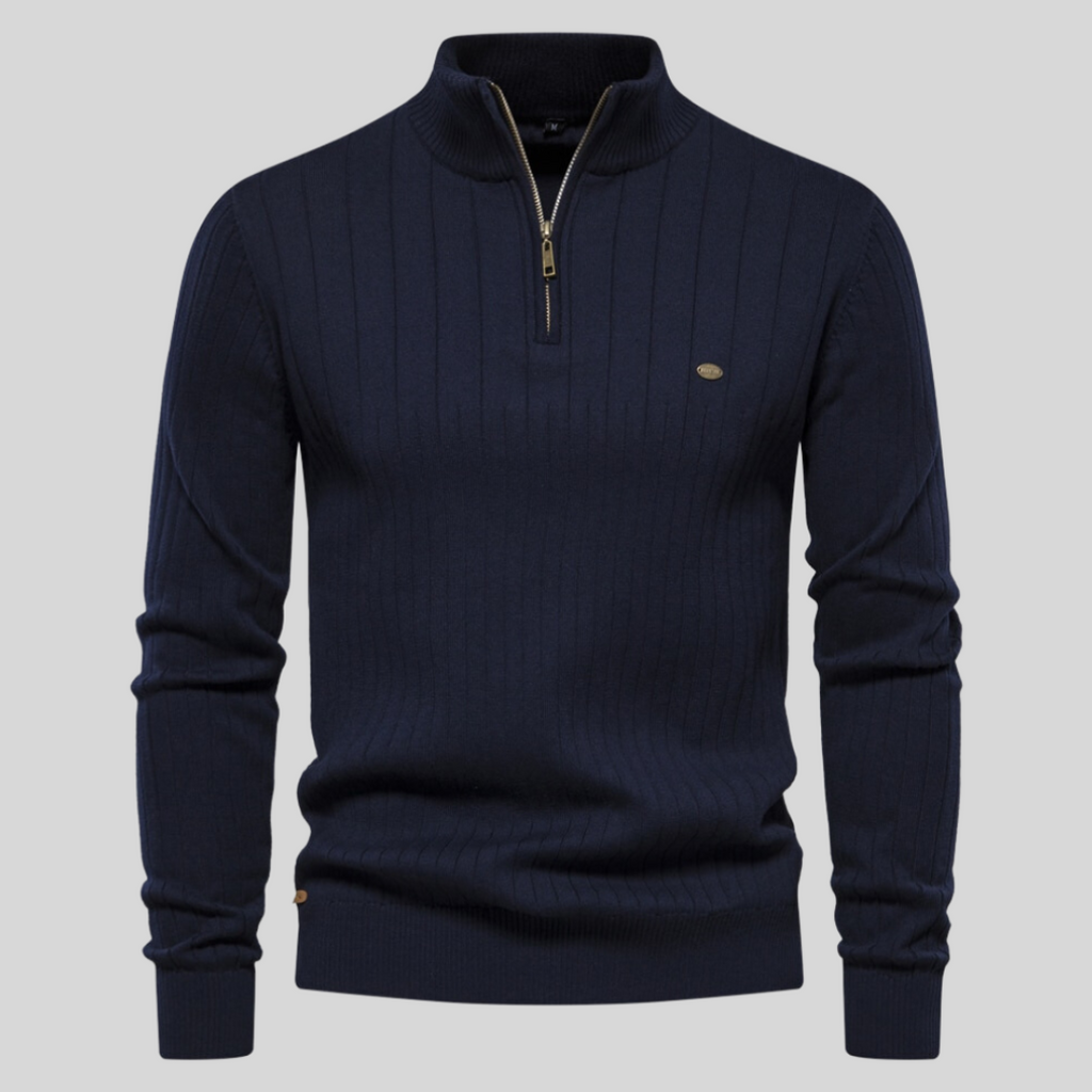 MEELANO Tycho | Herre Half-Zip Ribstrikket Sweater - Varm Striktrøje med Lynlås i Halsen Navy
