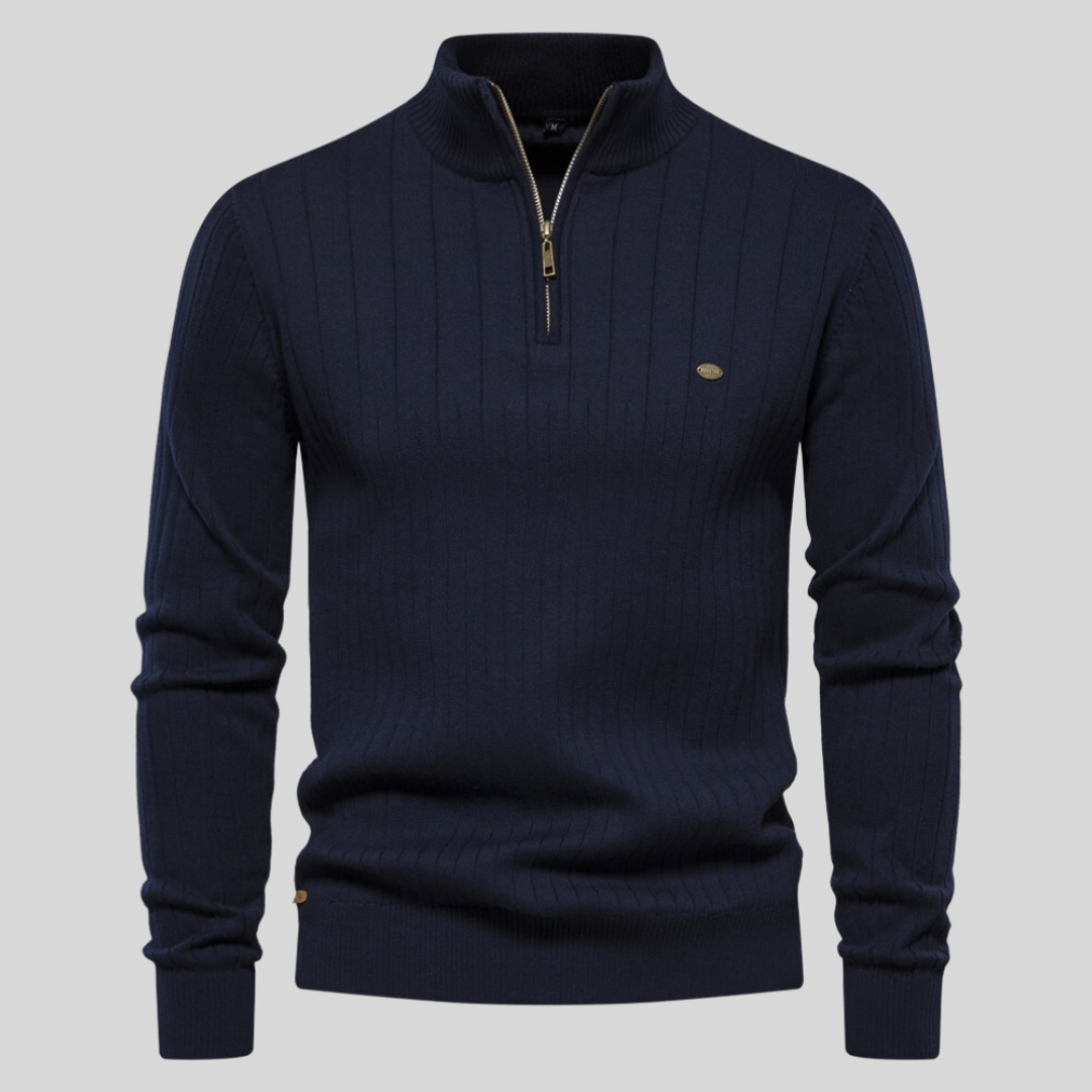 MEELANO Tycho | Herre Half-Zip Ribstrikket Sweater - Varm Striktrøje med Lynlås i Halsen Navy