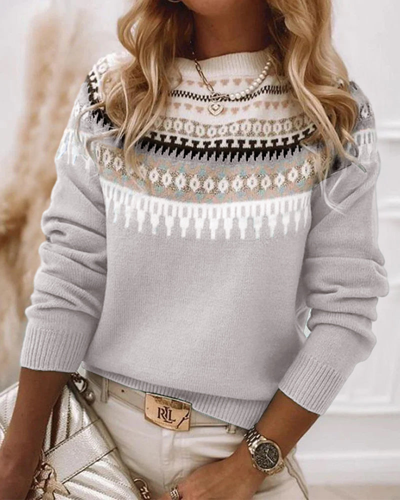 Zahara | Dame Geometrisk Mønstret Sweater - Langærmet Strik Pullover