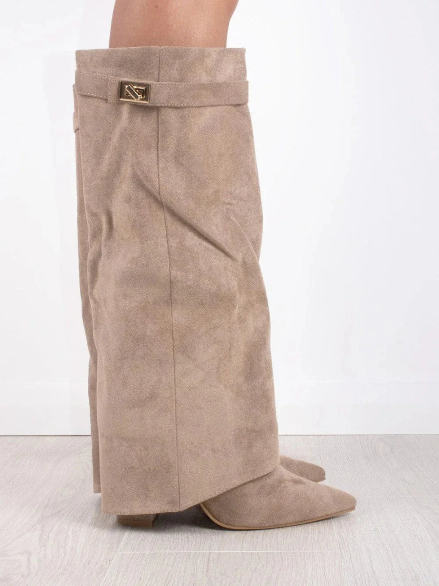 MEELANO Pamelo | Dame Elegante Ruskindstøvler med Guld Detaljer - Suede Ankelstøvler med Hæl & Lynlås
