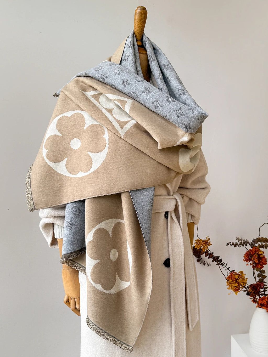 MEELANO Vintertørklæde med Jacquardmønster – Blødt Stort Tørklæde & Sjal, 175 cm, Unisex, 3 Farver | Hommes Beige