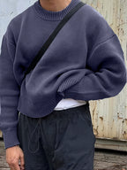 MEELANO Herre Langærmet Sweater med Rund Hals og Ribstrik – Boxy Striktrøje med Drop-skulder, 5 Farver, XS–XL – Mane Blå