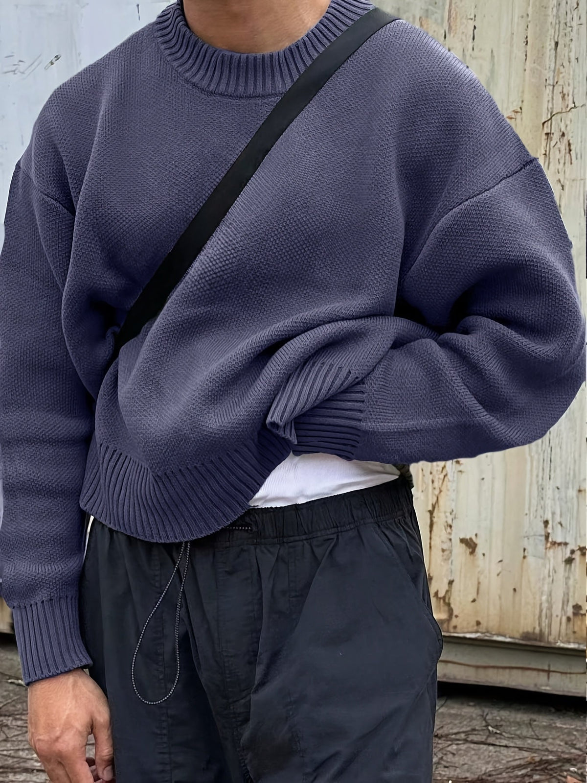MEELANO Herre Langærmet Sweater med Rund Hals og Ribstrik – Boxy Striktrøje med Drop-skulder, 5 Farver, XS–XL – Mane Blå